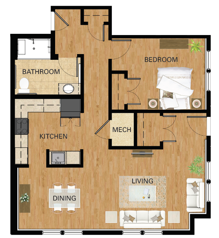 Floor plan for 1 bed, 1 bath, 711 sqft